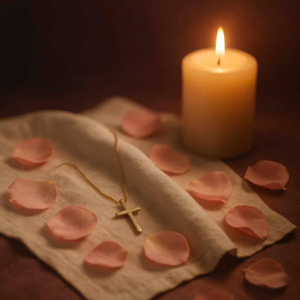 A delicate gold cross resting among rose petals beside a lit candle