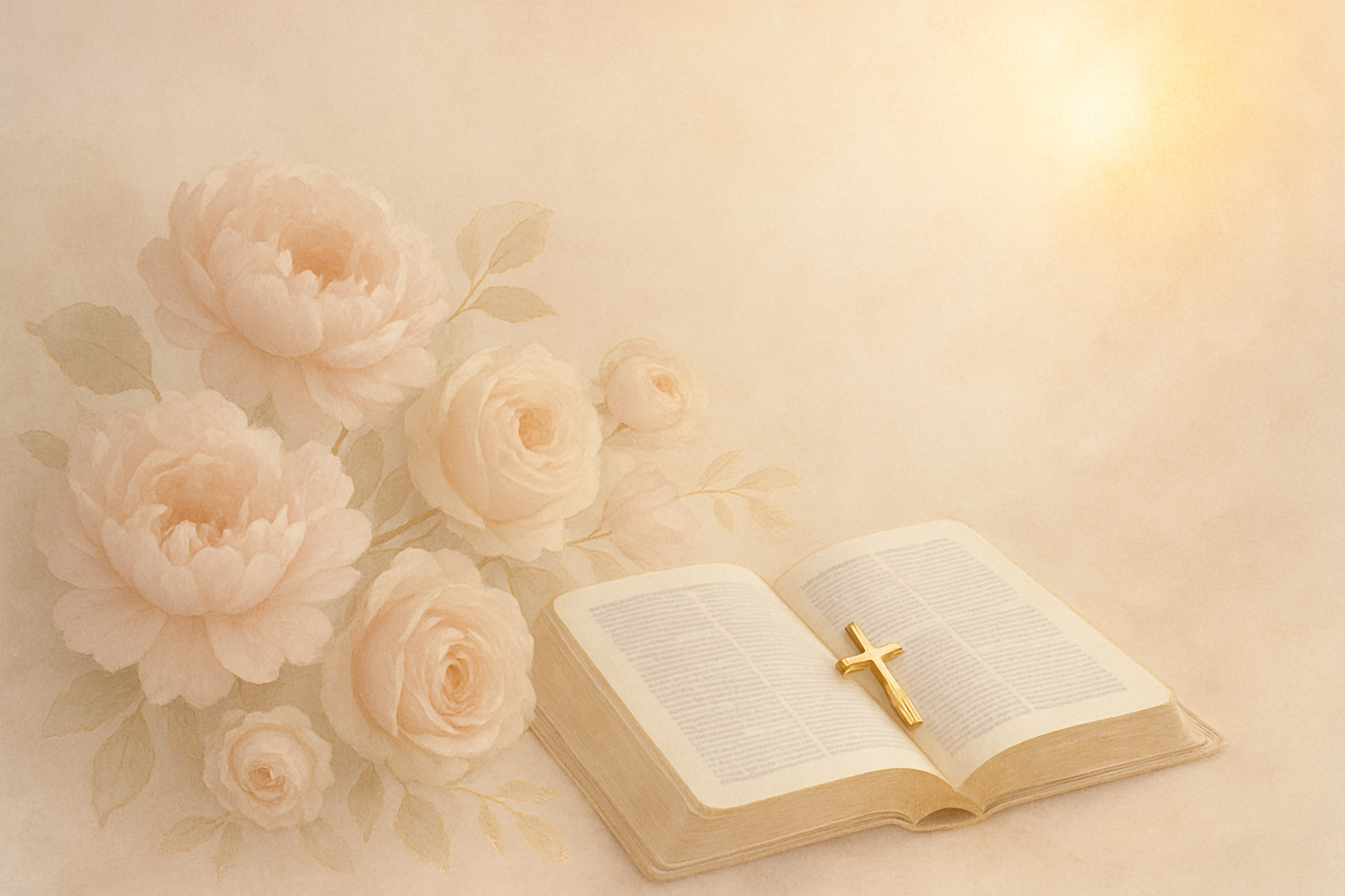 Soft pink peonies and roses with an open Bible and a gold cross bathed in warm light