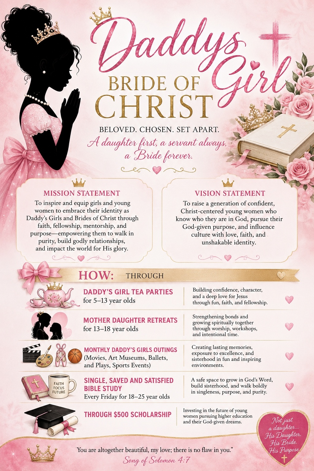 Daddy's Girl, Bride of Christ ministry flyer with mission, vision and programs